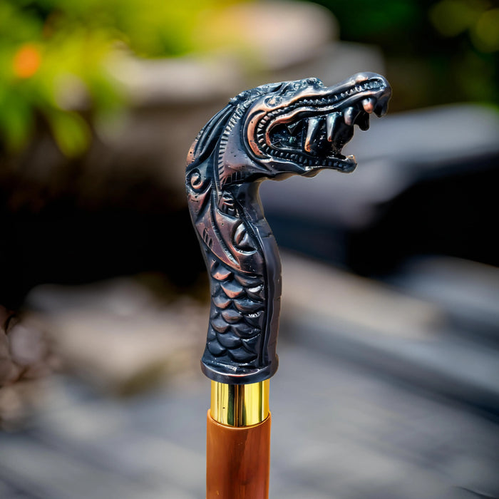 Artisan 3-Fold Wooden Cane with Dragon Handle – Copper & Aluminium Accents, Handmade