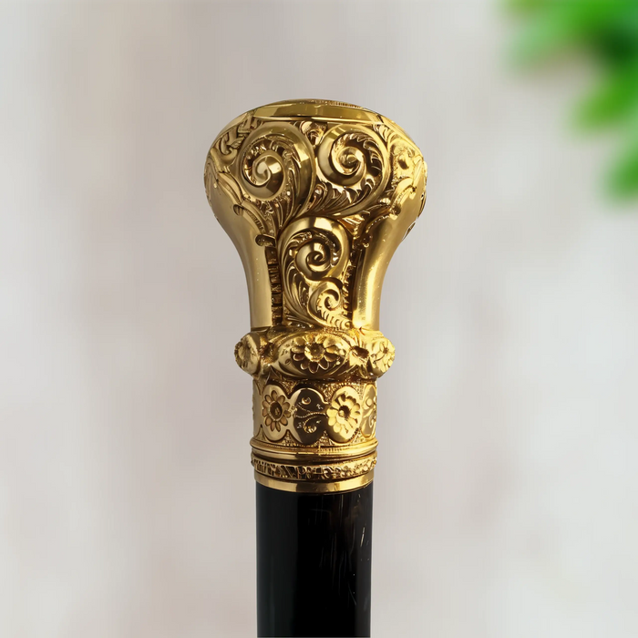 Imperial Gold Knob Walking Cane – Antique Carved Black Edition