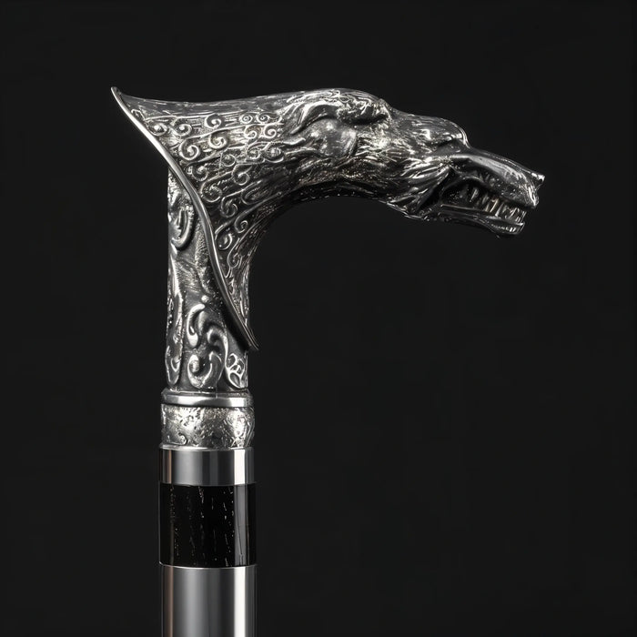 Stylish Wolf-Head Walking Stick – Antique Silver Finish, Perfect for Collectors