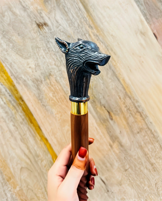 Vintage Wolf Head Walking Stick – Gothic Art with Aluminium and Copper Accents