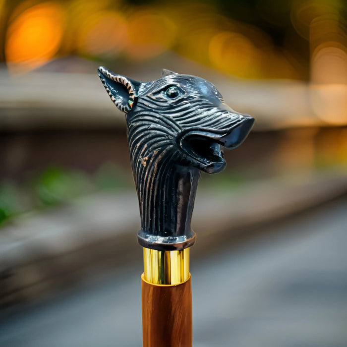 Vintage Wolf Head Walking Stick – Gothic Art with Aluminium and Copper Accents