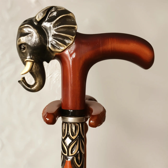 Hand-Carved Wooden Walking Stick with Elephant Design