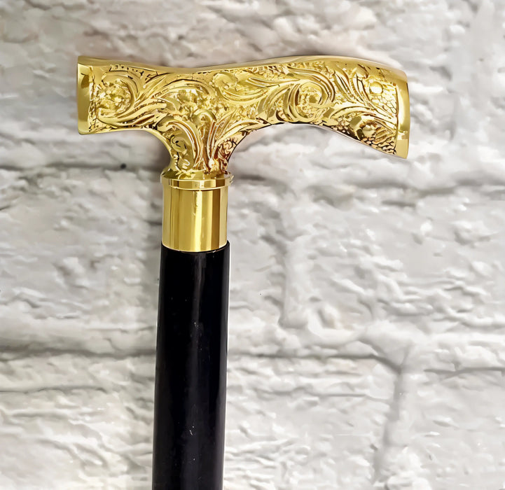 Elegant Victorian Folding Walking Cane – Brass Inlaid Handle & Black Wood