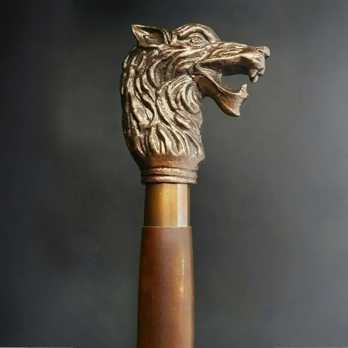 Antique Brass Lion Head Handmade Walking Stick – Solid Wooden Shaft Design