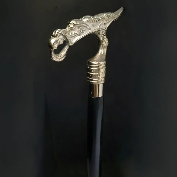 Elegant Black Wooden Walking Stick with Victorian Aluminum Handle