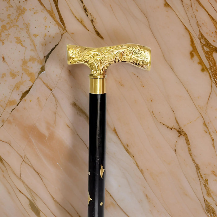 Elegant Victorian Folding Walking Cane – Brass Inlaid Handle & Black Wood