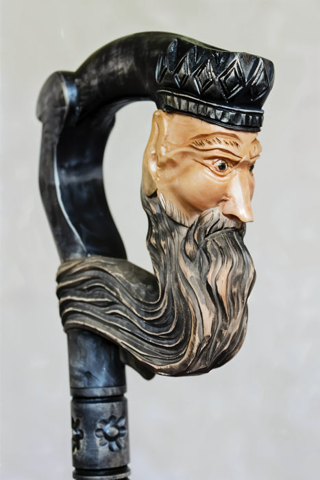 Dark King Hand-Carved Black Wooden Cane with Artistic Handle