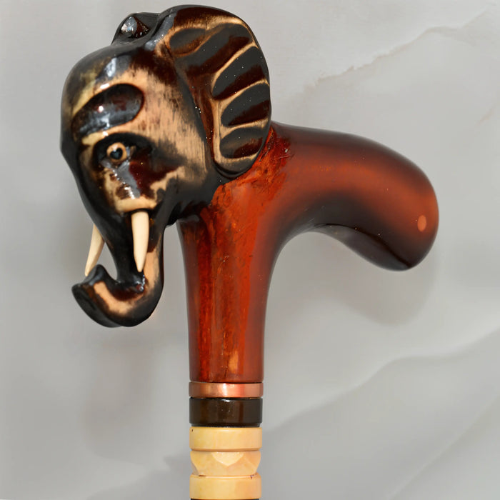 Hand-Carved Wooden Walking Stick with Elephant Design