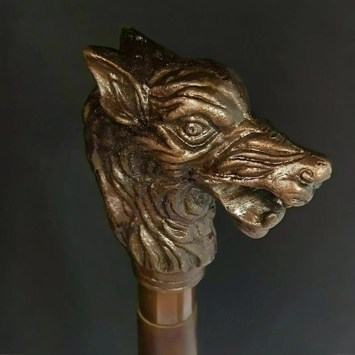 Antique Brass Lion Head Walking Stick – Solid Wooden Shaft Design