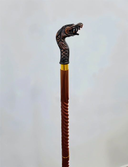 Artisan 3-Fold Wooden Cane with Dragon Handle – Copper & Aluminium Accents, Handmade