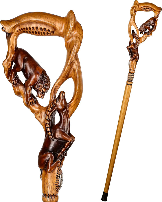 Lion Hunter Handcrafted Oak Wooden Walking Cane