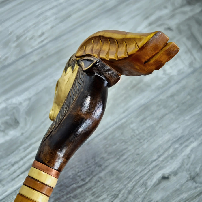 Exquisite Handmade Walking Stick with Goat Carving