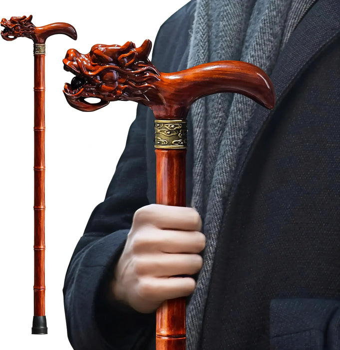 Dragon's Fury Hand-Carved Wooden Walking Cane – High-End Lightweight Support Edition