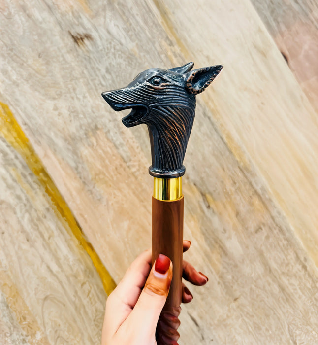 Vintage Wolf Head Walking Stick – Gothic Art with Aluminium and Copper Accents