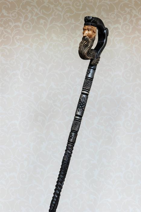 Dark King Hand-Carved Black Wooden Cane with Artistic Handle