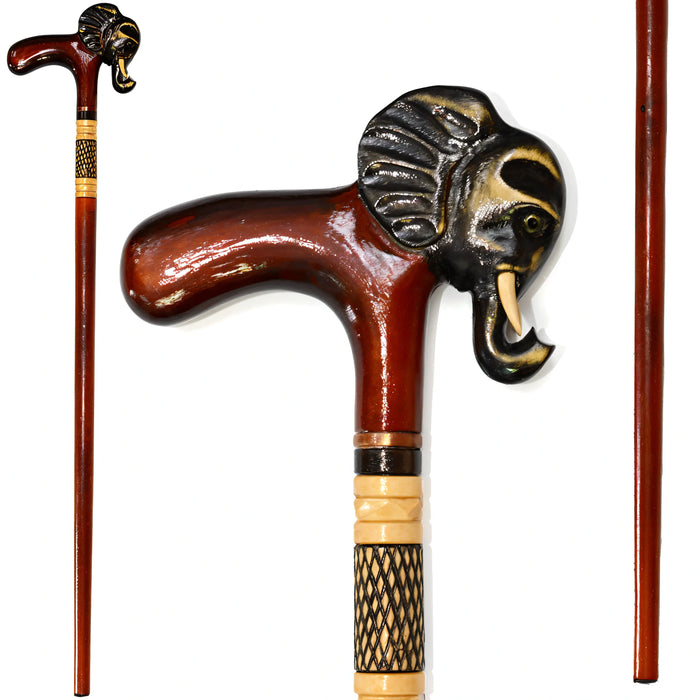 Hand-Carved Wooden Walking Stick with Elephant Design