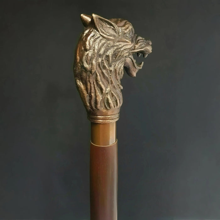 Antique Brass Lion Head Walking Stick – Solid Wooden Shaft Design