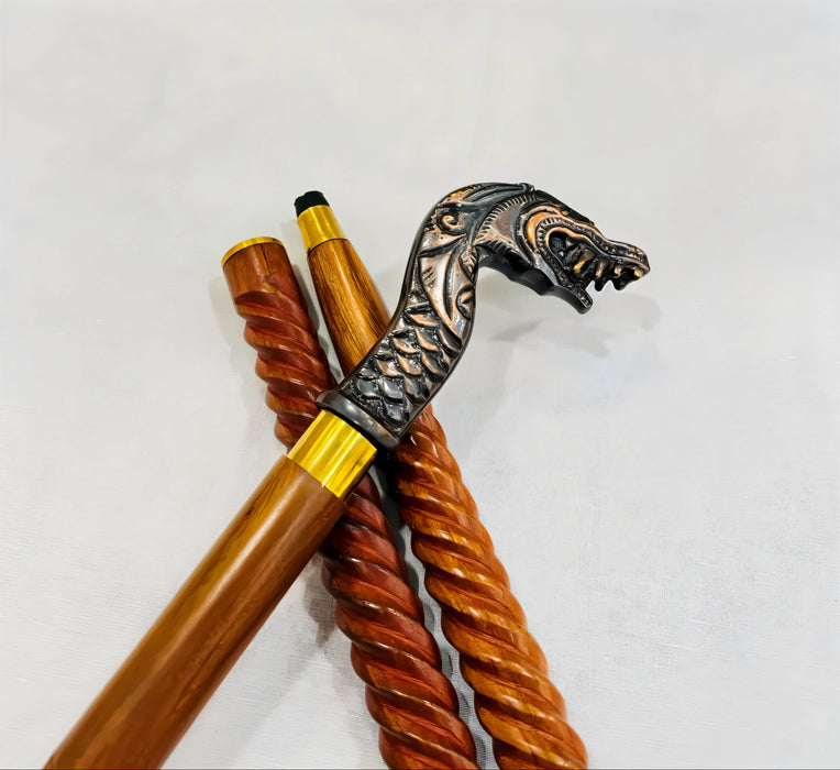 Artisan 3-Fold Wooden Cane with Dragon Handle – Copper & Aluminium Accents