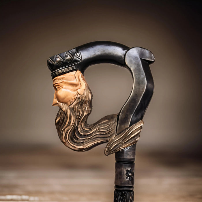 Dark King Hand-Carved Black Wooden Cane with Artistic Handle