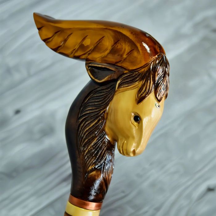 Exquisite Handmade Walking Stick with Goat Carving