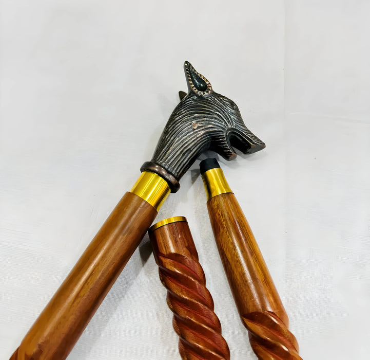 Vintage Wolf Head Walking Stick – Gothic Art with Aluminium and Copper Accents