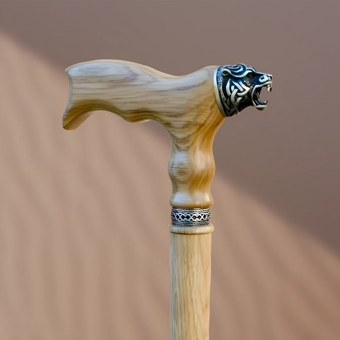 Celtic Bear Designer Cane – Handcrafted Oak Walking Stick with Custom Details