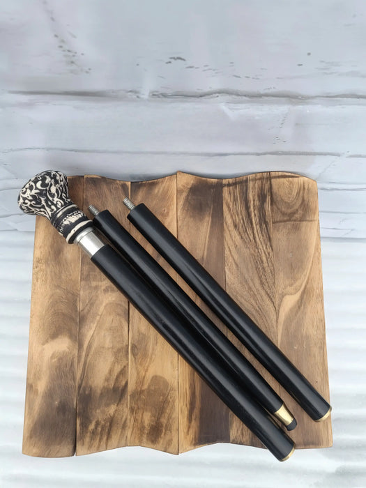 Classic Black Wooden Walking Stick with Solid Rock Handle