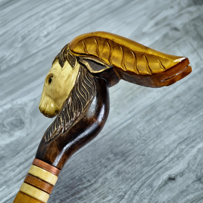 Exquisite Handmade Walking Stick with Goat Carving