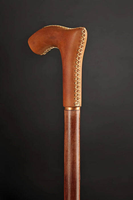 Hand-Carved Leather Wrapped Wooden Derby Walking Cane