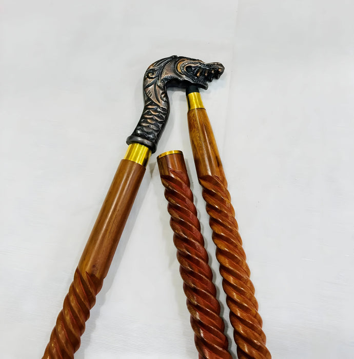 Artisan 3-Fold Wooden Cane with Dragon Handle – Copper & Aluminium Accents, Handmade