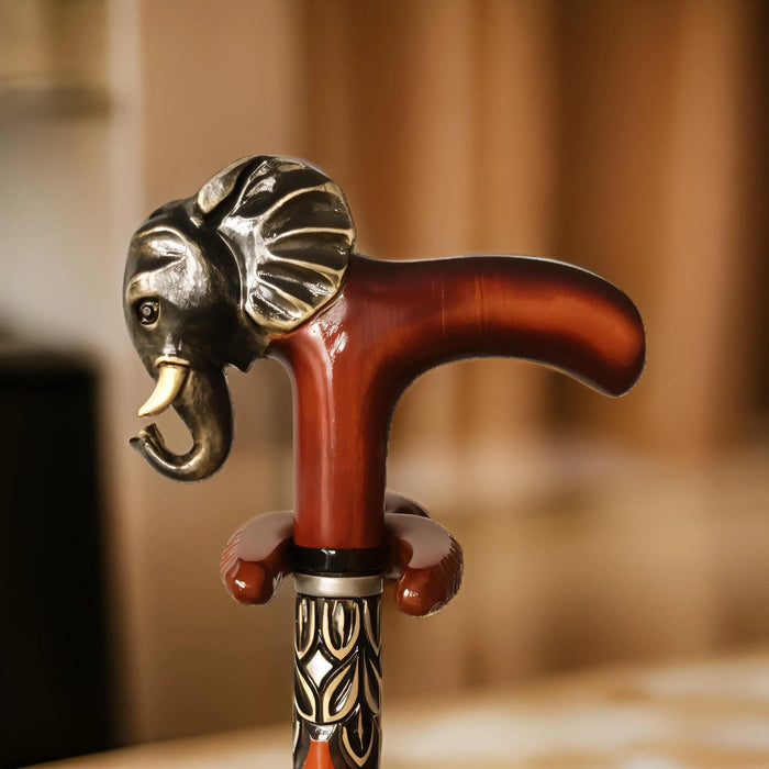 Hand-Carved Wooden Walking Stick with Elephant Design