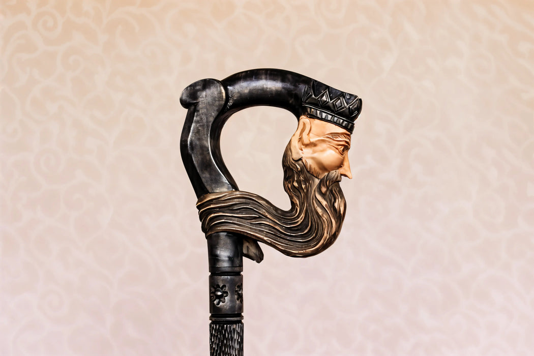 Dark King Hand-Carved Black Wooden Cane with Artistic Handle