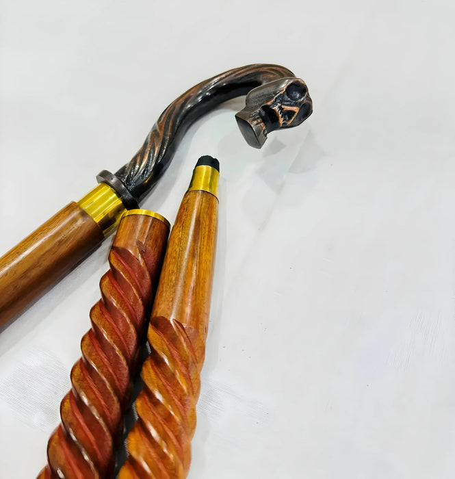 Antique Hand-Carved Wooden Walking Cane – 3-Fold Design