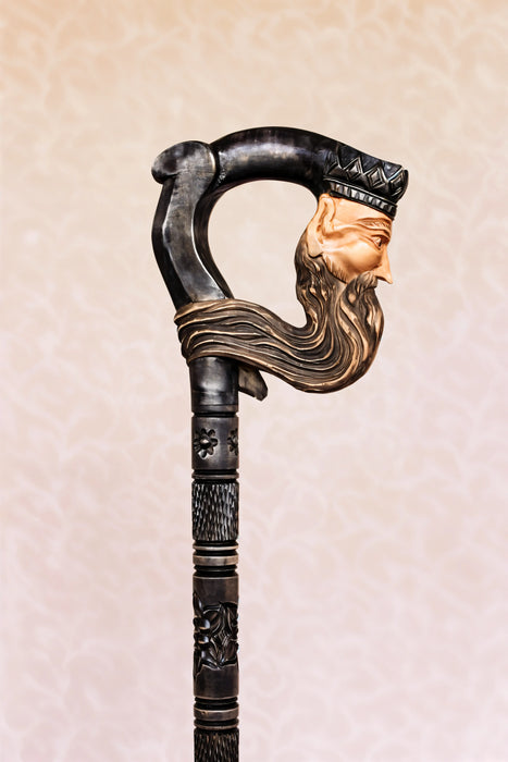 Dark King Hand-Carved Black Wooden Cane with Artistic Handle