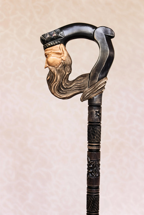 Dark King Hand-Carved Black Wooden Cane with Artistic Handle