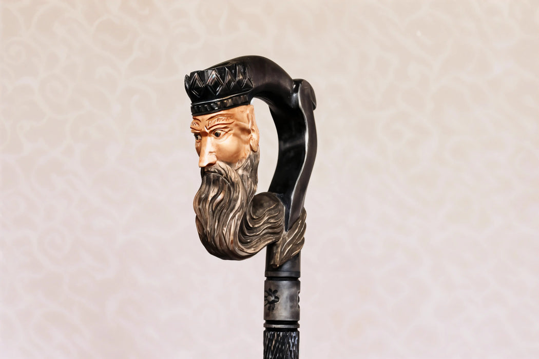 Dark King Hand-Carved Black Wooden Cane with Artistic Handle