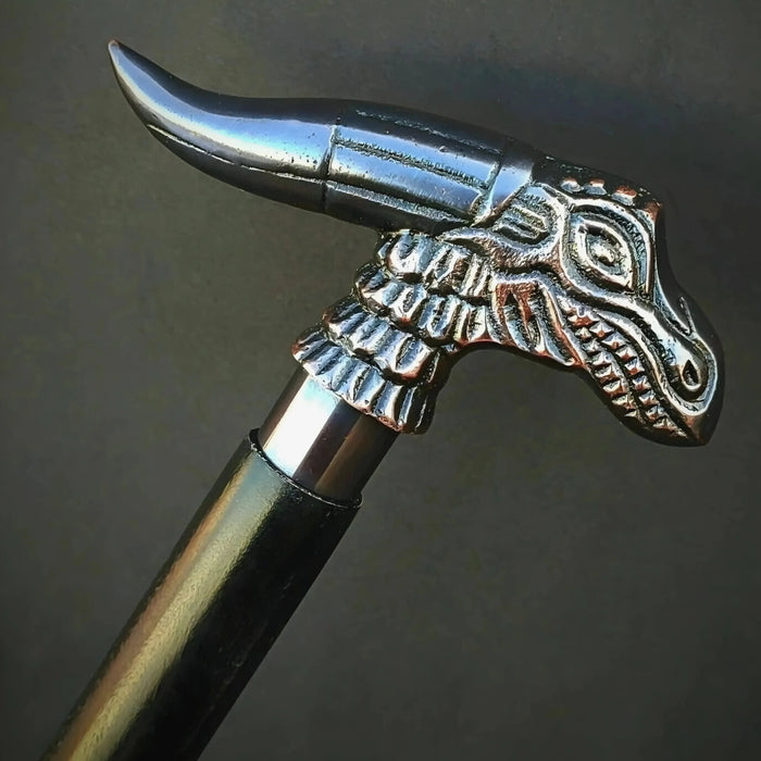 Unique Vintage Wooden Cane with Aluminum Dragon Head Handle