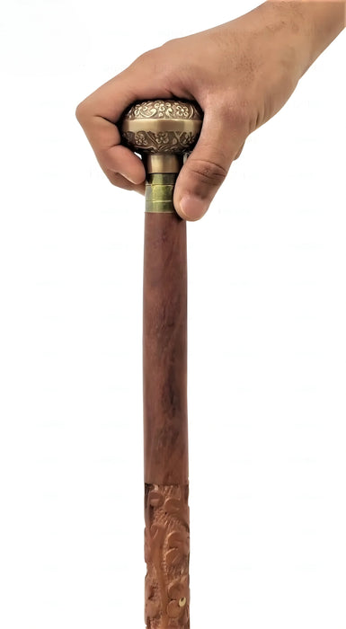 Victorian Brass Knob Walking Cane – Handcrafted Brown Wooden Stick