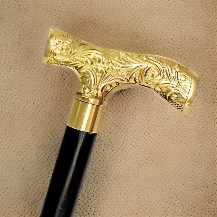 Elegant Victorian Folding Walking Cane – Brass Inlaid Handle & Black Wood