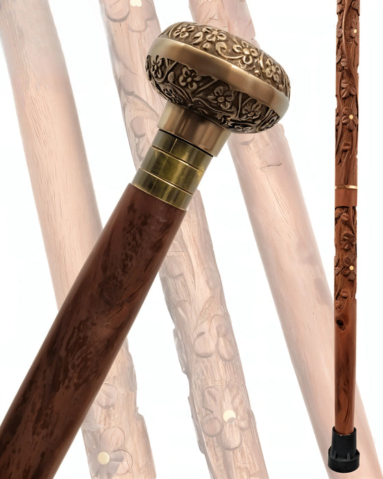 Victorian Brass Knob Walking Cane – Handcrafted Brown Wooden Stick