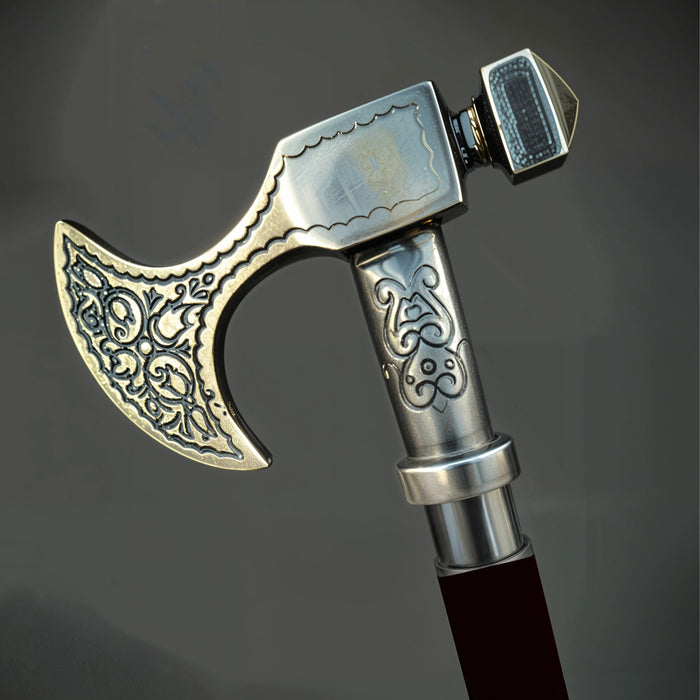 Pewter Axe Head Elegant Wooden Walking Cane